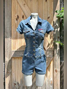 Vintage 90s Y2K Hotkiss Stretch Denim Button Up Romper~L~
